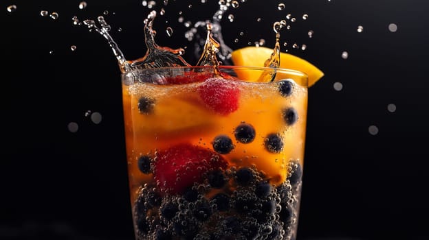 A glass of bubble tea exploding with color, tapioca pearls and fruit frozen mid-splash, ultra clean studio style