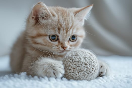 A young gray kitten with striking eyes is crouched down, intently reaching for a soft ball. The warm indoor environment adds a serene feel to the playful moment.