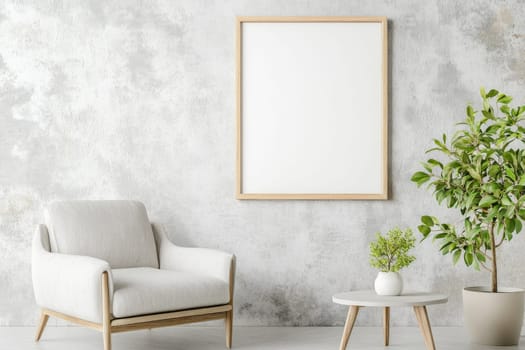 A blank poster in a wooden frame hangs on a textured gray wall adjacent to a contemporary armchair and small coffee table with a potted plant, illuminated by soft natural light.