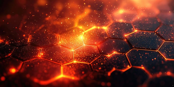 This abstract background features a hexagonal pattern illuminated by glowing edges in deep red and orange hues. The high contrast creates a powerful visual effect perfect for modern projects.
