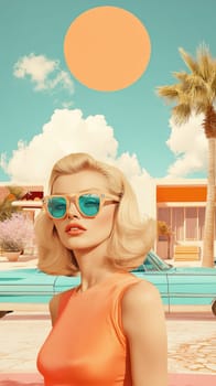 A glamorous blonde gazes into the distance, embodying retro charm amidst a vibrant 1960s-inspired collage. Pastel colors blend to evoke nostalgic travel memories under the sun.