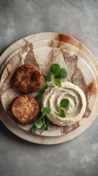 On a textured concrete slab, a delightful arrangement of hummus, falafel, and microgreens is displayed. Swirls of tahini add an artistic touch, while spices create an inviting atmosphere.