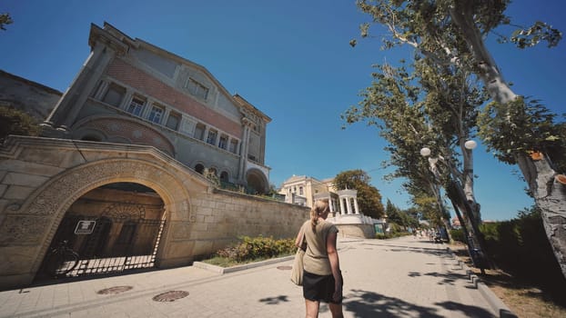 Cobblestone streets and historic architecture create a picturesque scene in gurzuf, a resort town on the crimean coast of the black sea