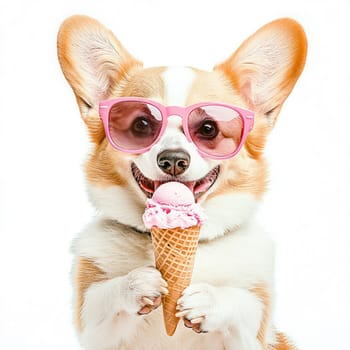 This adorable Corgi, with its large ears and cheerful expression, happily holds an ice cream cone while wearing stylish sunglasses. The full-length portrait captures its playful spirit.