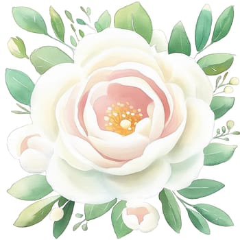 A detailed illustration of a soft white peony flower, surrounded by various shades of green leaves. The gentle watercolor style adds an elegant touch to the floral design.