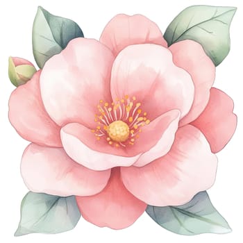 A stunning pink flower with soft petals and intricate yellow stamens is surrounded by lush green leaves. This illustration captures the essence of spring beauty and floral elegance.
