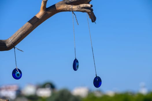 Three vibrant blue protective charms dangle from a weathered branch against a brilliant azure backdrop. This serene coastal setting invites tranquility and peace.