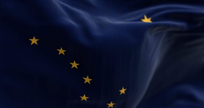 3D render of the Alaska state flag with Big Dipper constellation and Polaris, symbol of identity, patriotism, and unity. Rendered in realistic textile motion.