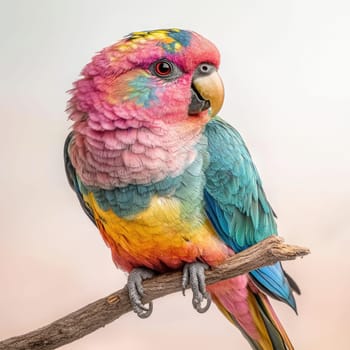A vibrant parrot displays a mix of pink, blue, and yellow feathers while perched on a branch. The bird's focused expression stands out against the clean, white backdrop, highlighting its colors.