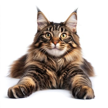 A Maine Coon cat with a stunning brown tabby coat stretches its body forward, extending its front paws. The feline is isolated against a clean white background, showcasing its majestic features.