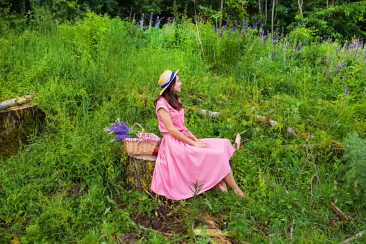 A young woman in a pink dress sits on a tree stump in a lush green meadow, enjoying a summer day with wildflowers and a picnic basket.