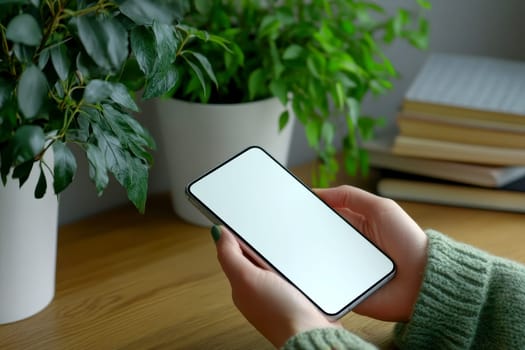 Woman holds blank screen smartphone in office. Modern workplace. Businesswoman uses mobile phone. Focus on device. Hands on phone. White table..