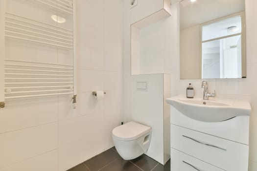 a white bathroom with black tile flooring and wall - to - wall rads in the shower stall is next to the toilet