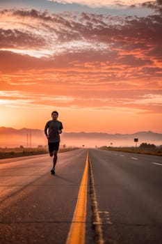 A man runs along a deserted road as the sun rises, creating a stunning sky filled with oranges and pinks against mountain silhouettes. Training and motivation concept - Generative AI.