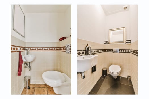 a bathroom with toilet, sink and mirror on the left side of the image is taken from another room to the right