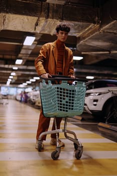 A fashionable male model poses with a shopping cart in a modern parking garage The setting includes parked cars and vibrant yellow and gray lines on the floor