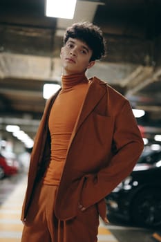 A stylish young man dressed in a matching orange sweater and suit, posing in a modern parking garage