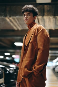 A fashionable young man poses in an urban parking garage, dressed in a brown suit and turtleneck, creating a contemporary and stylish look