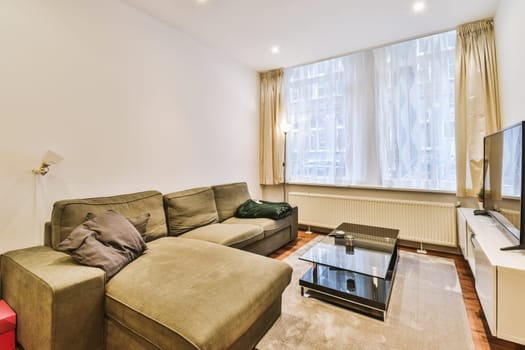a living room with a couch, coffee table and television set in front of the window looking out onto the street