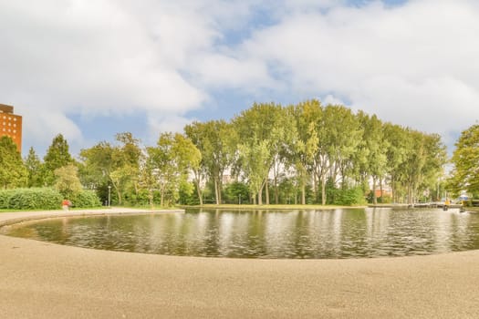 a pond in the middle of a city park with trees and buildings on both sides, as seen from the water's edge