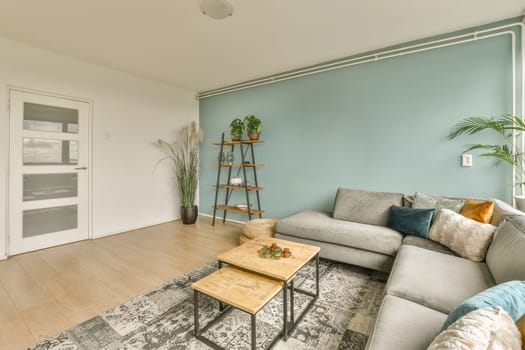 a living room with light blue walls and white trim around the couch, coffee table, and plant on top