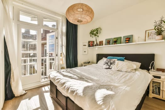 a bedroom with a bed, window, and door leading to the balcony area in the room is bright white