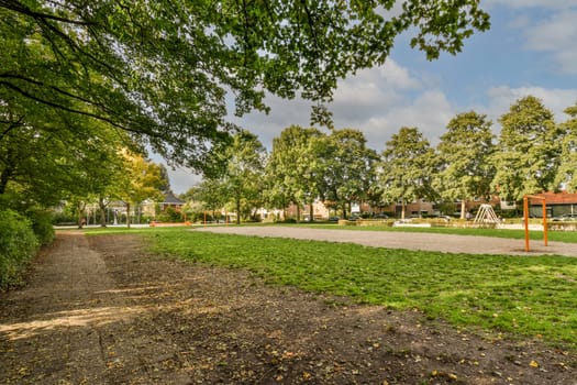 a park with trees and buildings in the background, taken on a very sunny day at summer's time
