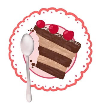 Hand drawn illustration of chocolate cake with berries on plate with spoon. Sweet tasty bakery delicious baking food, homemade pastry yummy frosting dessert, kitchen eat pie