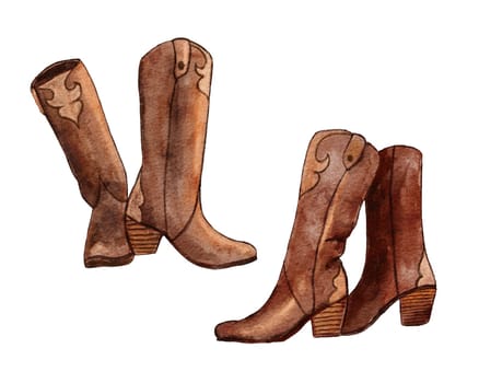 Hand drawn watercolor illustration of beige brown cowboy cowgirl boots in western southwestern style. Black line drawing of ranch adventure design, wild west american print, colorful cartoon shoes