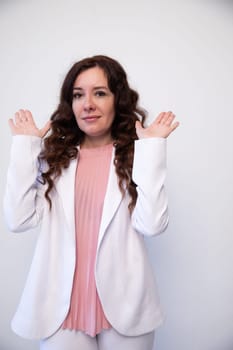 Brunette woman looking on white office background
