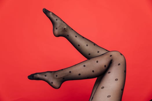 Slender long female legs in black stockings, tights on a red background