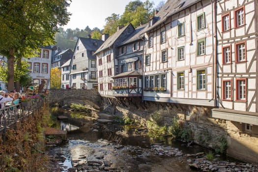 MONSCHAU, GERMANY - SEPTEMBER 22, 2020: small town Monschau with unidentified people. The historic town center has many half-timbered houses and narrow streets remained nearly unchanged for 300 years