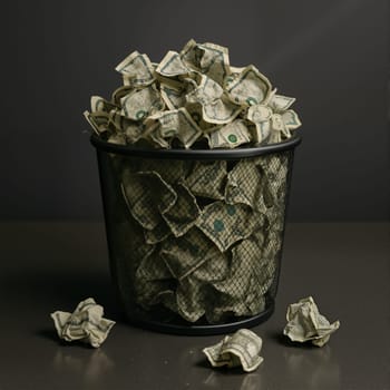 Trash bin filled with money, AI generation.
