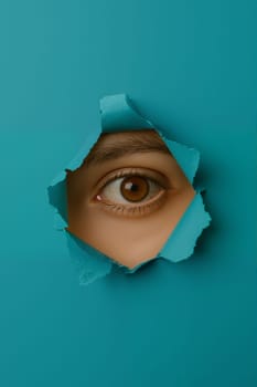 Eye peeking through torn paper, AI generation.