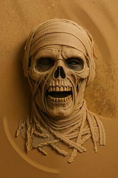 Mummy with skull on brown background, AI generation.