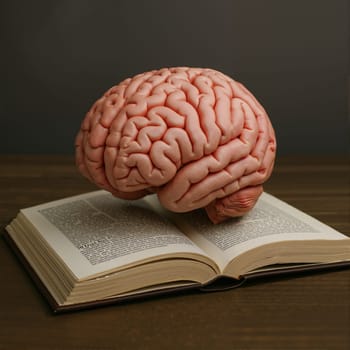 Brain on book with sparks, AI generation.