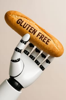 Hand holding baguette labeled GLUTEN FREE, AI generation.