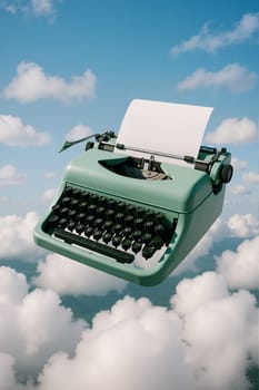 Typewriter floating in clouds, AI generation.