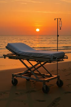 Hospital bed on beach at sunset, AI generation.