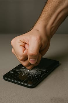 Hand crushing phone on gray background, AI generation.