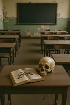 Skull with book in classroom, AI generation.