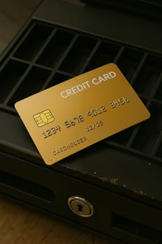Credit card on sliding safe box, AI generation.