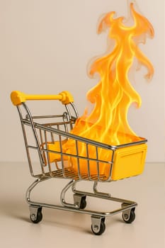 Burning shopping cart with flames, AI generation.