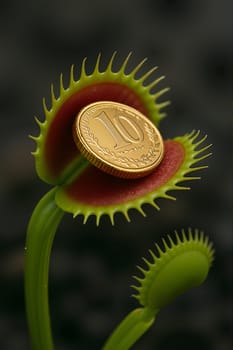 Plant with coin in pot at sunset, AI generation.