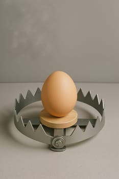 Egg in mousetrap on gray background, AI generation.