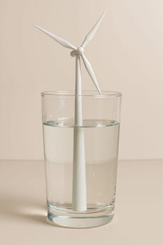 Glass of water with wind turbine, AI generation.