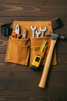 Tools on wooden surface, AI generation