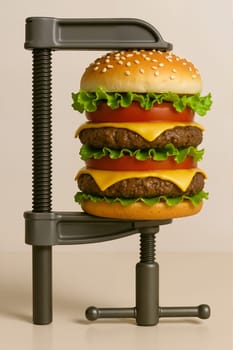 Burger in vise on gray background, AI generation.