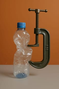 Plastic bottle in vise on orange background, AI generation.