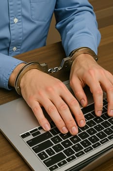 Handcuffs on laptop keyboard, AI generation.